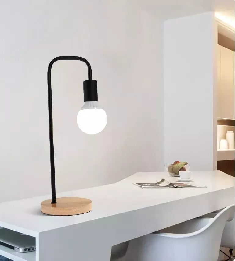 Portatil Lampra De Mesa De Hierro Y Base De Madera - Imagen 5