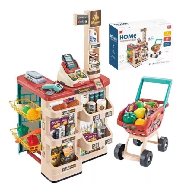 Carrito De Compras Infantil Home G11 Con Escáner Y Sonido 48 Piezas Beige