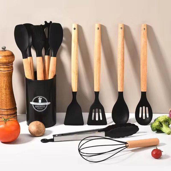 Set Menage Utensilios De Cocina Silicona Y Madera 12 Pzas