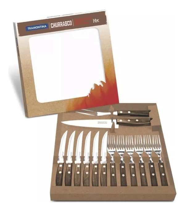 Set Kit Asado Tramontina Madera Cubiertos + Cuchilla X 14 Pz Color Marrón