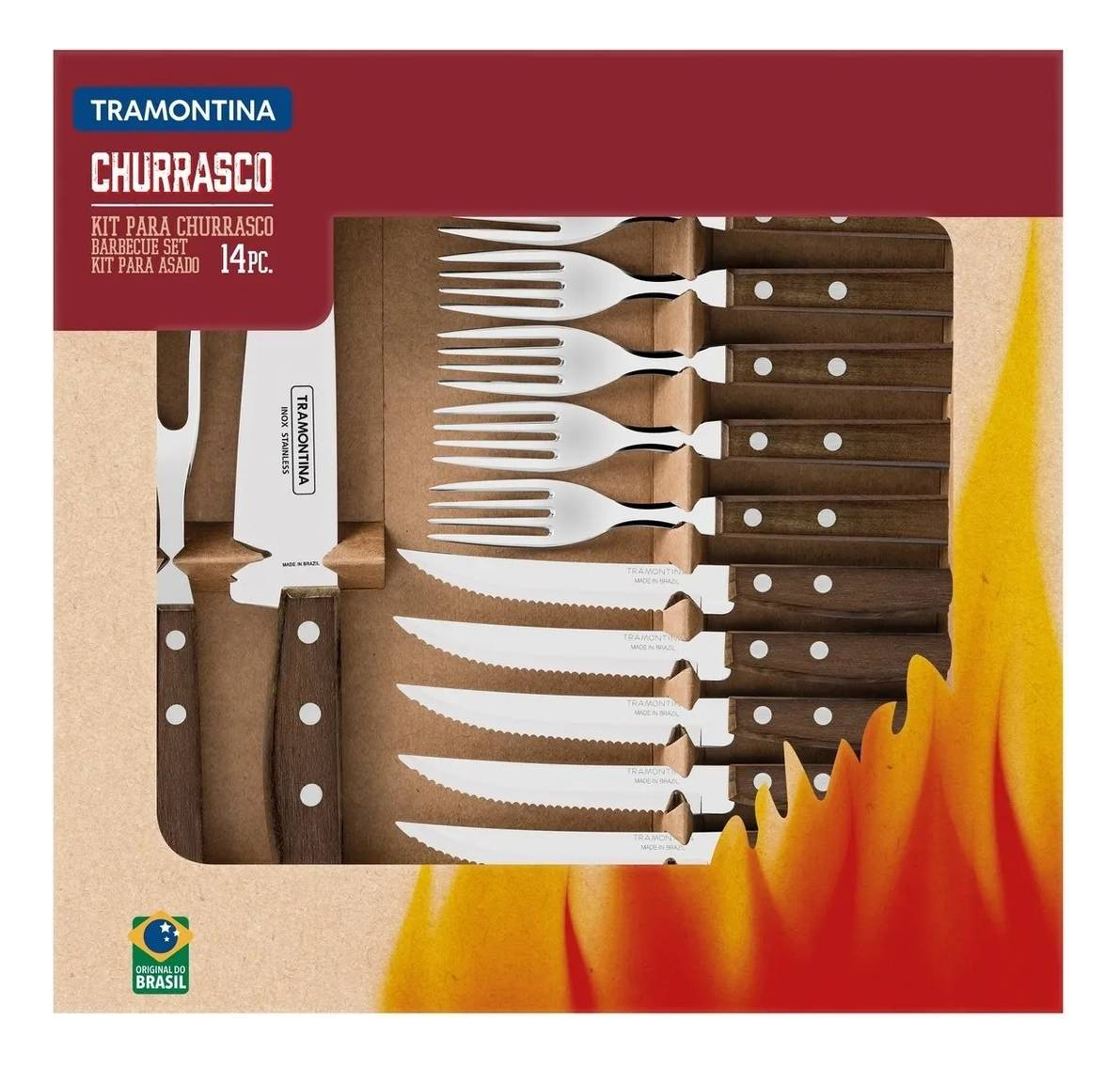 Set Kit Asado Tramontina Madera Cubiertos + Cuchilla X 14 Pz Color Marrón: imagen 2