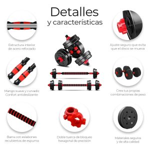 Set 2 Mancuernas + Barra 3 En 1 Total 40kg Disco Pvc Calidad: imagen 4