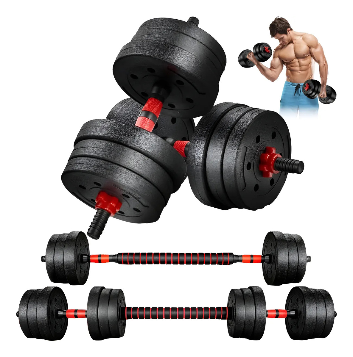 Set 2 Mancuernas + Barra 3 En 1 Total 30kg Disco Pvc Calidad: imagen 2