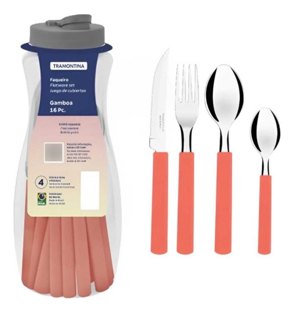 Cubertería Y Botella Tramontina Gamboa 23197/700 Coral, 16 Unidades