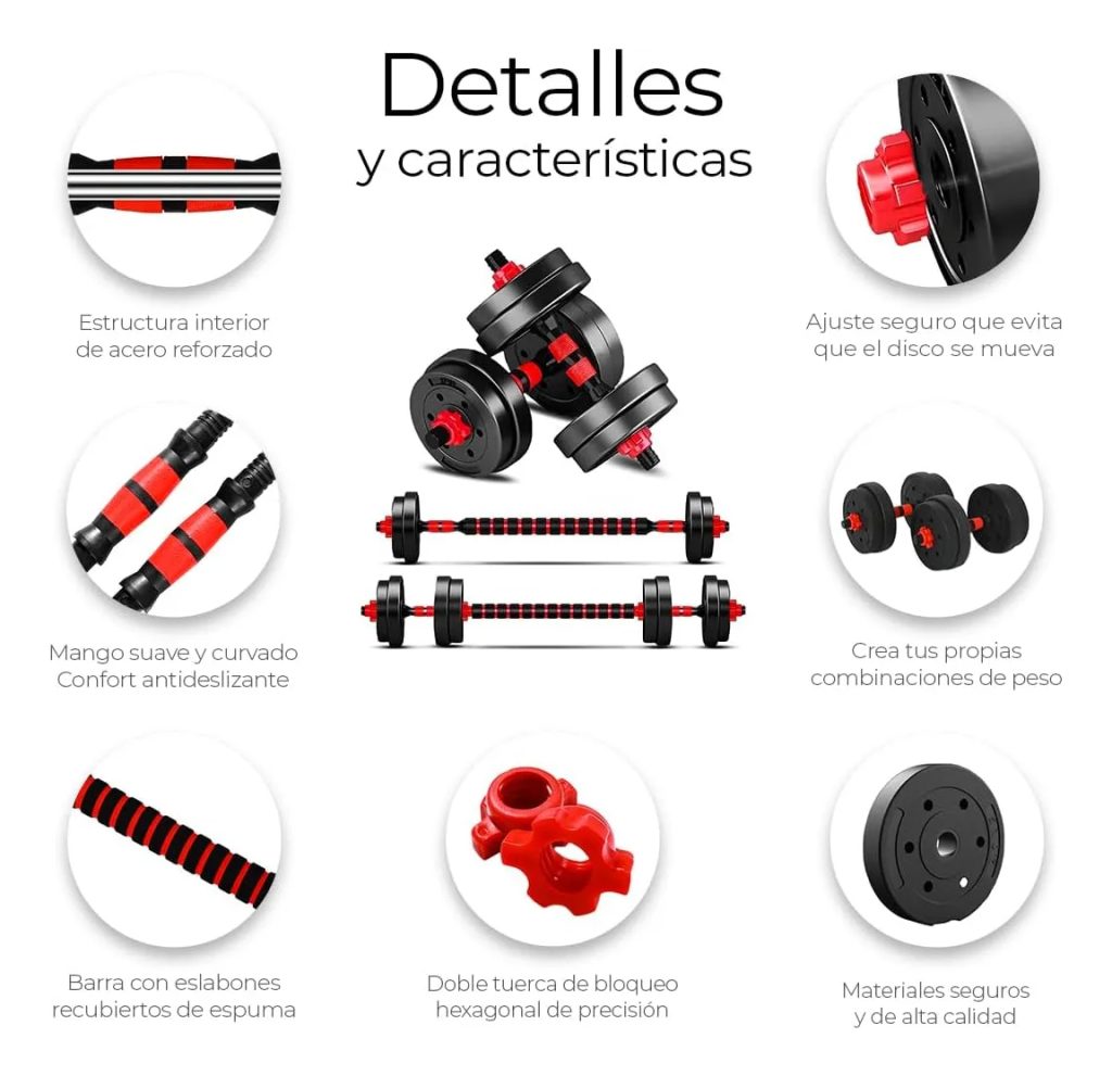 Set 2 Mancuernas + Barra 3 En 1 Total 30kg Disco Pvc Calidad