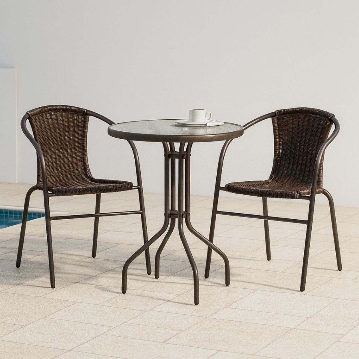 Juego De Jardín Pf Ratán 2 Sillas Apilables Mesa Vidrio Marrón Marrón Oscuro