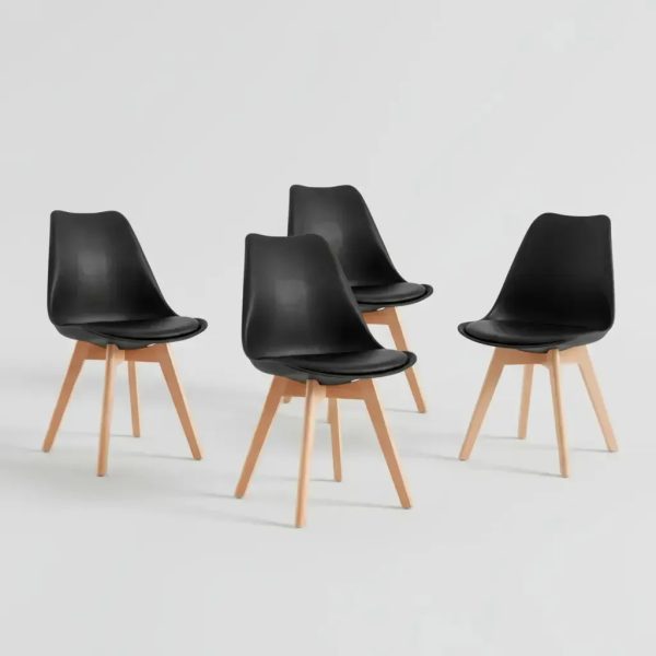 Set X4 Silla Tipo Eames Acolchonada Madera Comedor Calidad Liso Negro