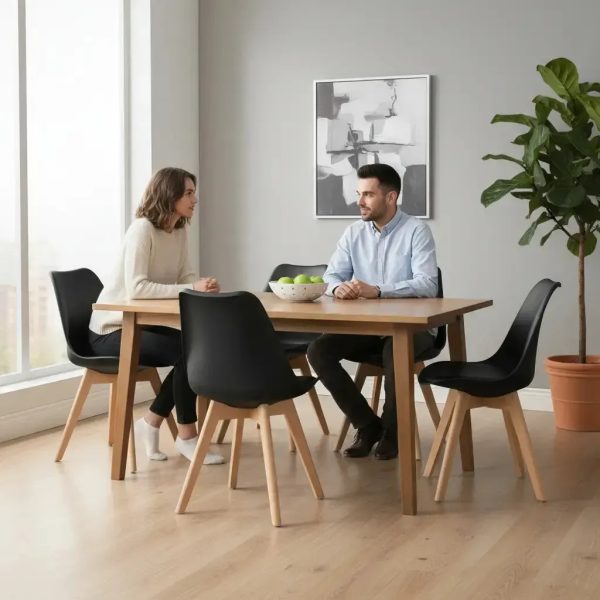 Set X4 Silla Tipo Eames Acolchonada Madera Comedor Calidad Liso Negro