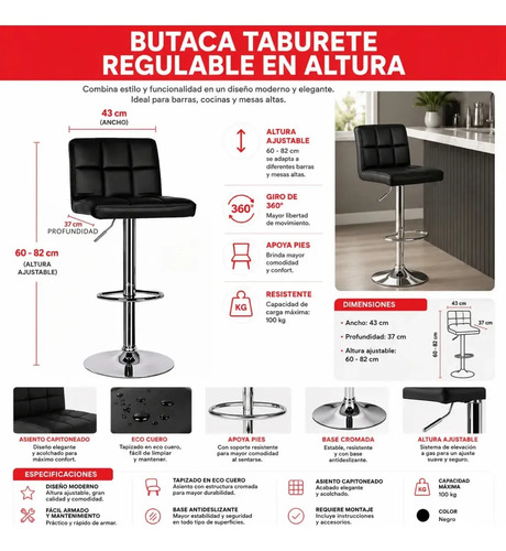 Butaca Taburete Banco Hidraulico Alto Regulable Calidad